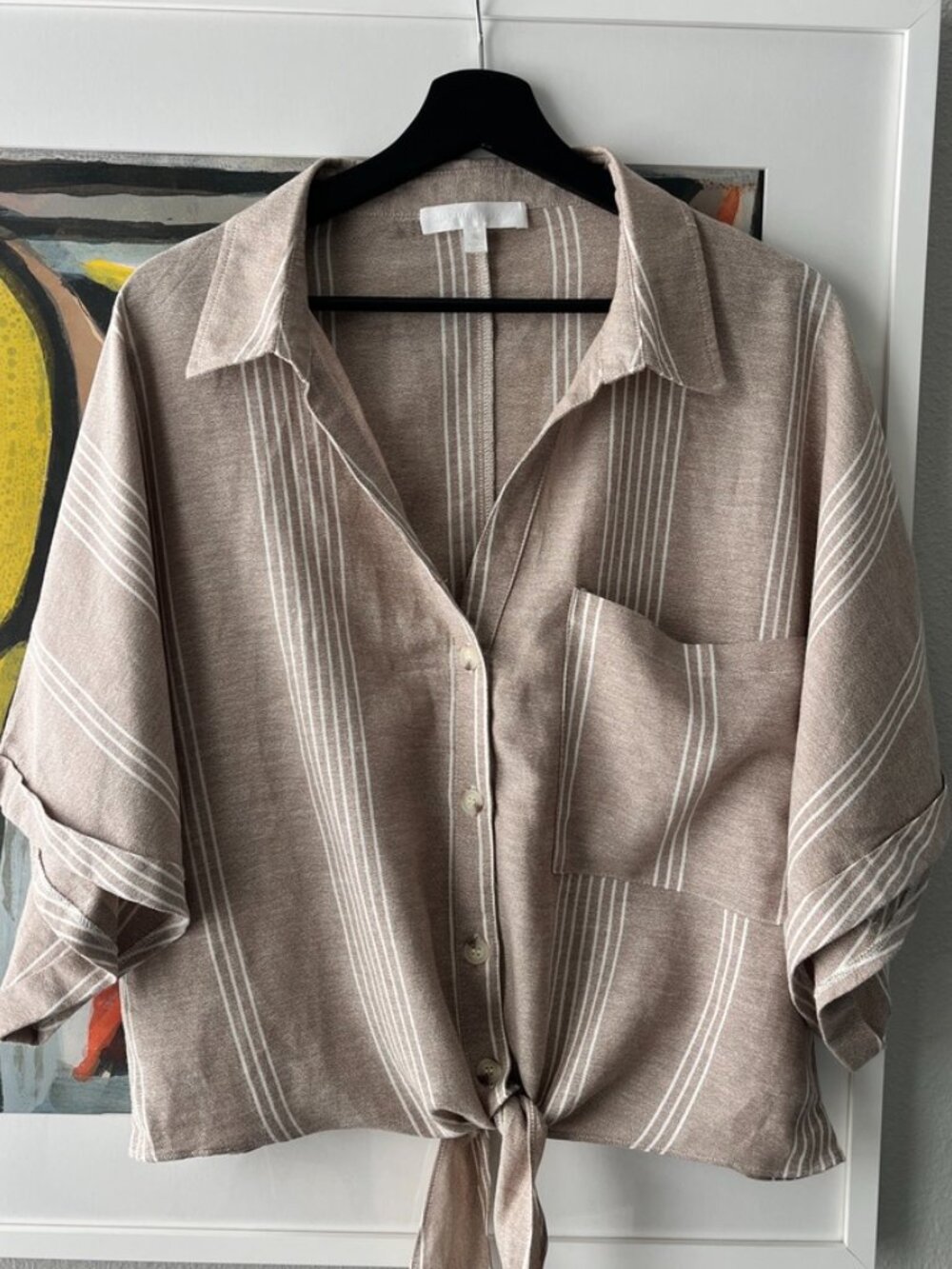 NWOT Adyson Parker Tie-Front Button-Up Top Tan/White Stripe XL